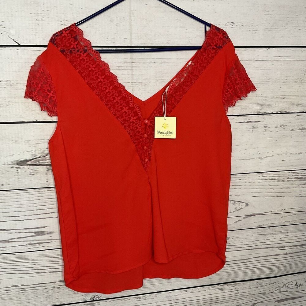 New Available Women’s size M Medium Red Top Blouse Double V‎ Neck Lace Trim